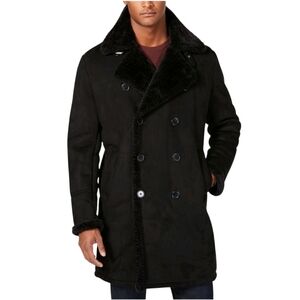 GUESS Men's Black Faux-Shearling Double-Breasted Overcoat Size S